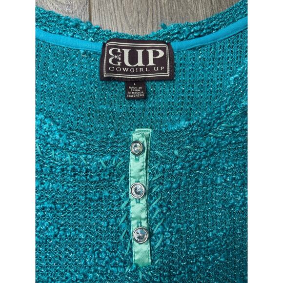 Cowgirl Up Teal Textured Knit Sweater Size L Sparkle Button Detail Western - Picture 2 of 8